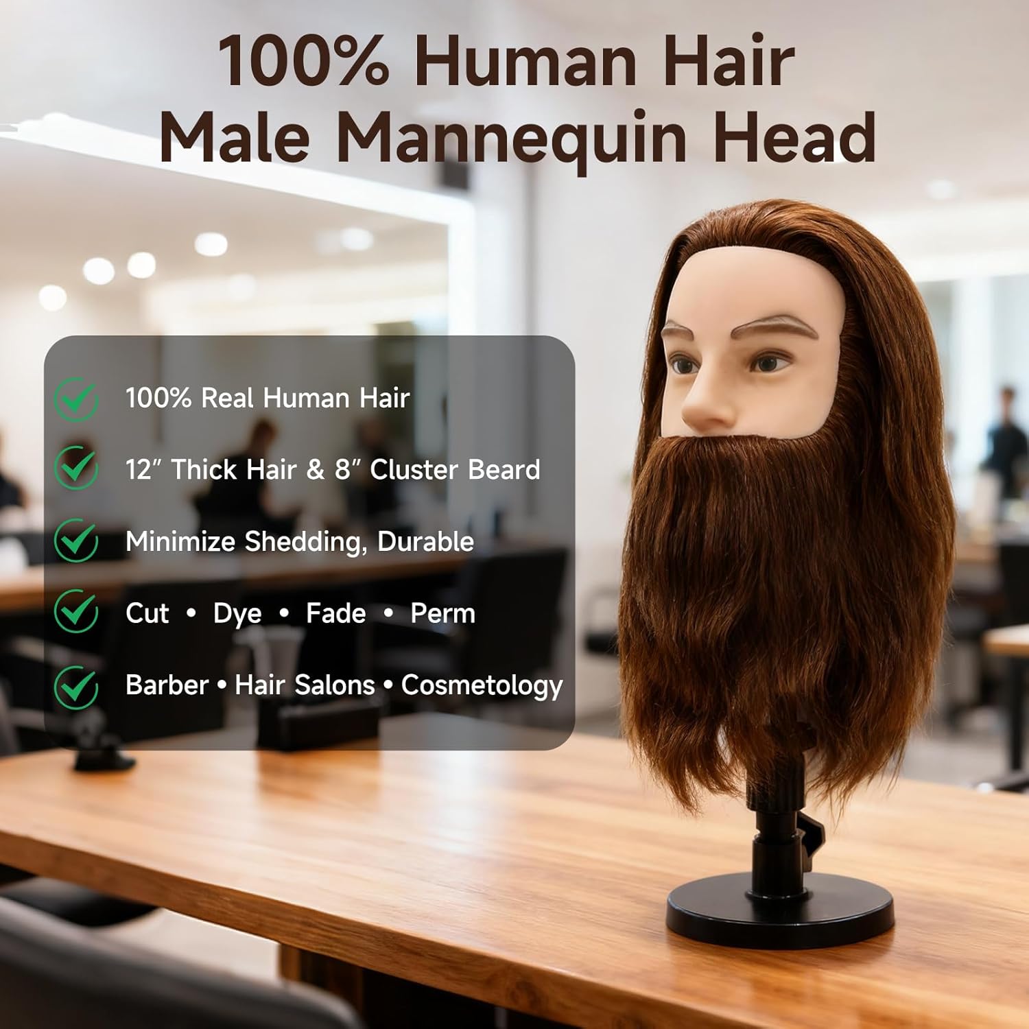 Male Mannequin Head,Training Head with 100% Human Hair 12inch Barber Mannequin Head Male Mannequin Head With Beard for Hair Styling, Practicing Cut Styling（With Beard, Brown）