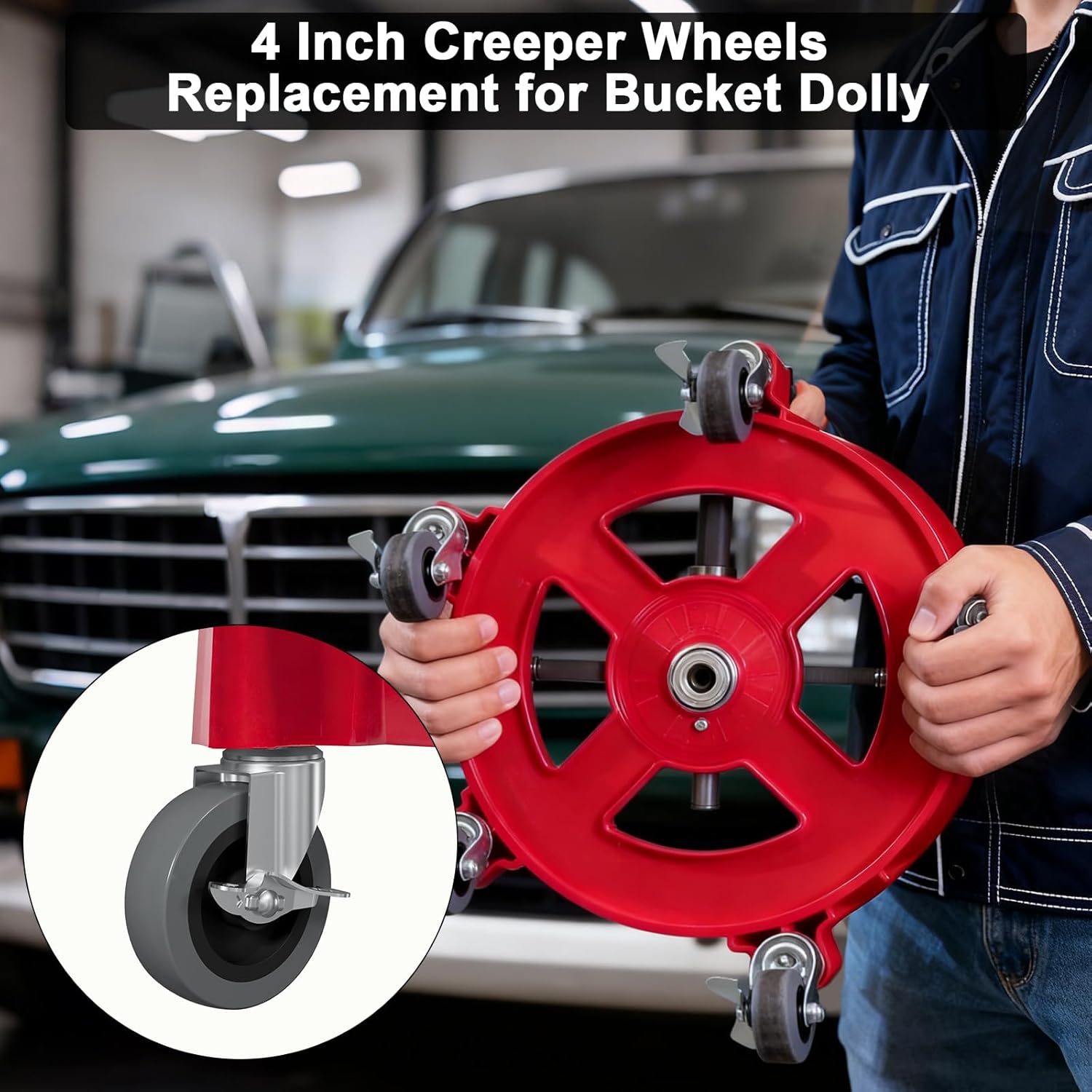 4 Inch Creeper Seat Wheels Replacement, Heavy Duty M10 x 1" Metric Threaded Stem Castors Set of 4 with Side Brake Rolling Mechanic Seat Casters for Bucket Dolly Detailing Garage Shop Stool