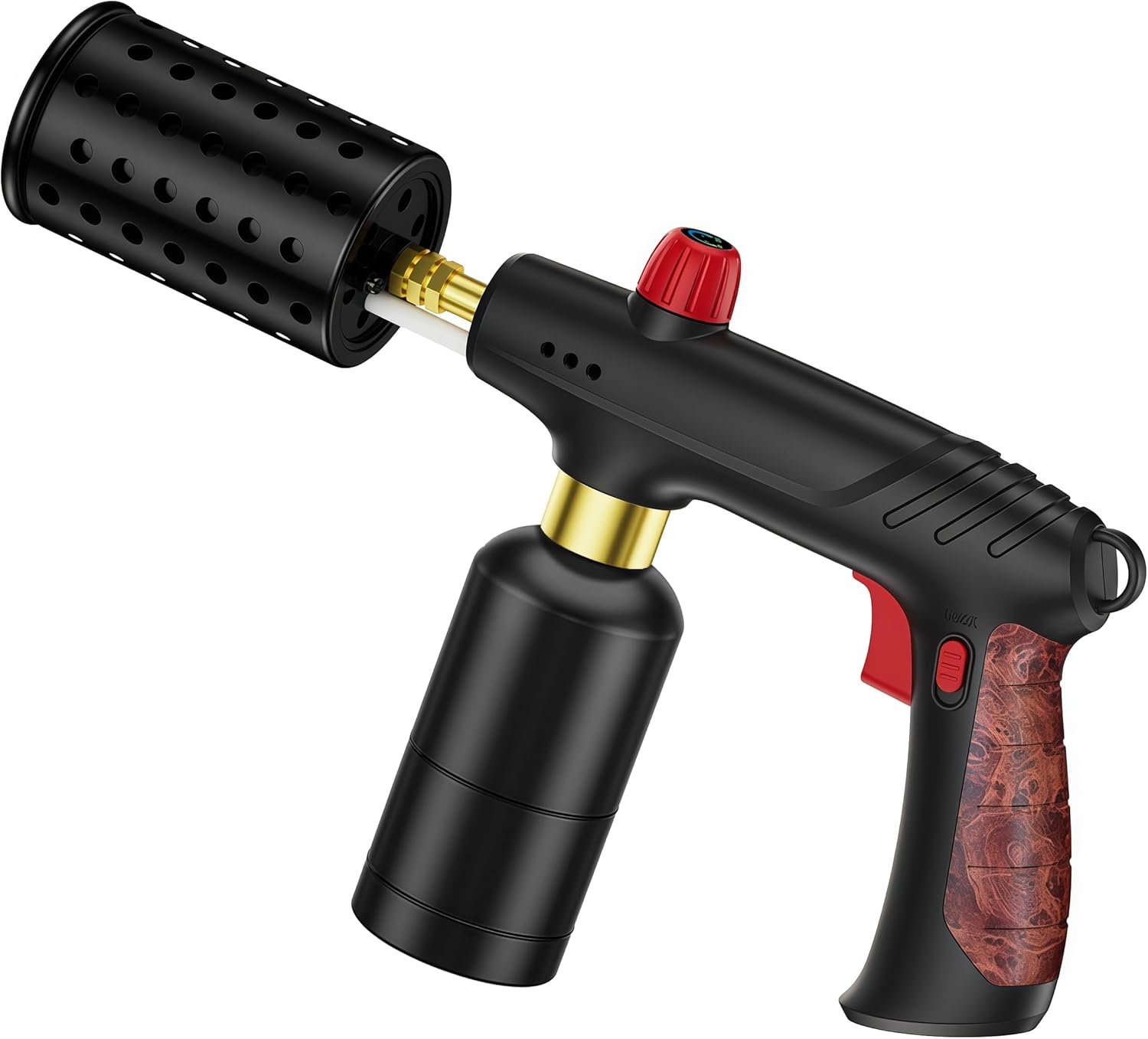 Propane Torch Gun with 49mm Wide Nozzle & Adjustable Flame, Heavy-Duty Cooking Blow Torch for Sous Vide Searing, BBQ Grilling, Campfire Starter (Tank Not Included) (Handle Mahogany)