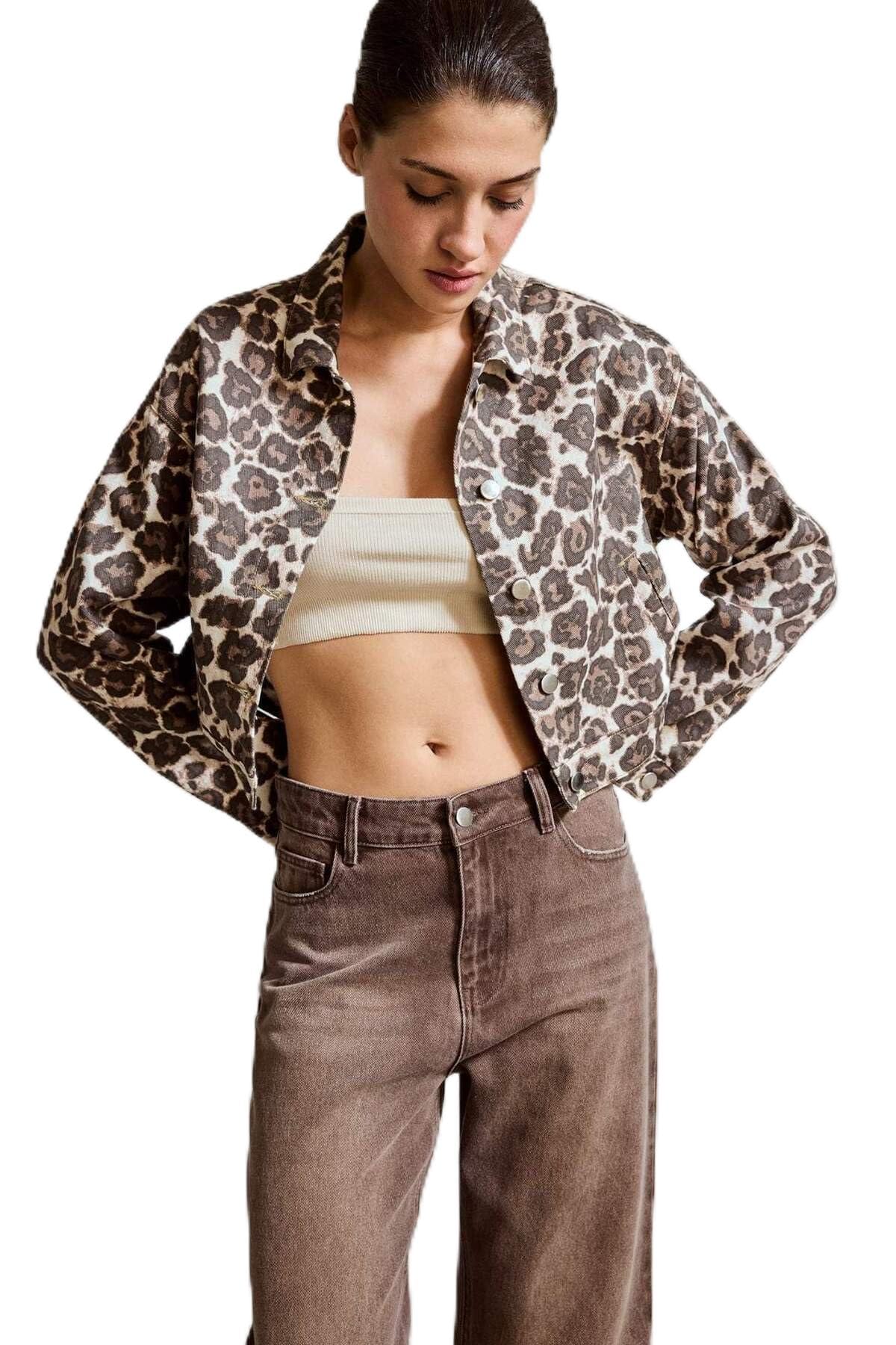 DeFacto Leopar Desenli Pamuk Denim Ceket, S, G3105AX25AU, Kahve