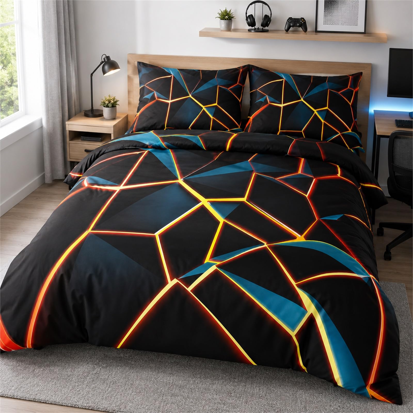 Tabeskly Boys Kids Geometric Triangle Bedding Geometry Triangular Polygonal Double Duvet Cover Sets with Zipper Black Neon Yellow 200x200 CM — image 1