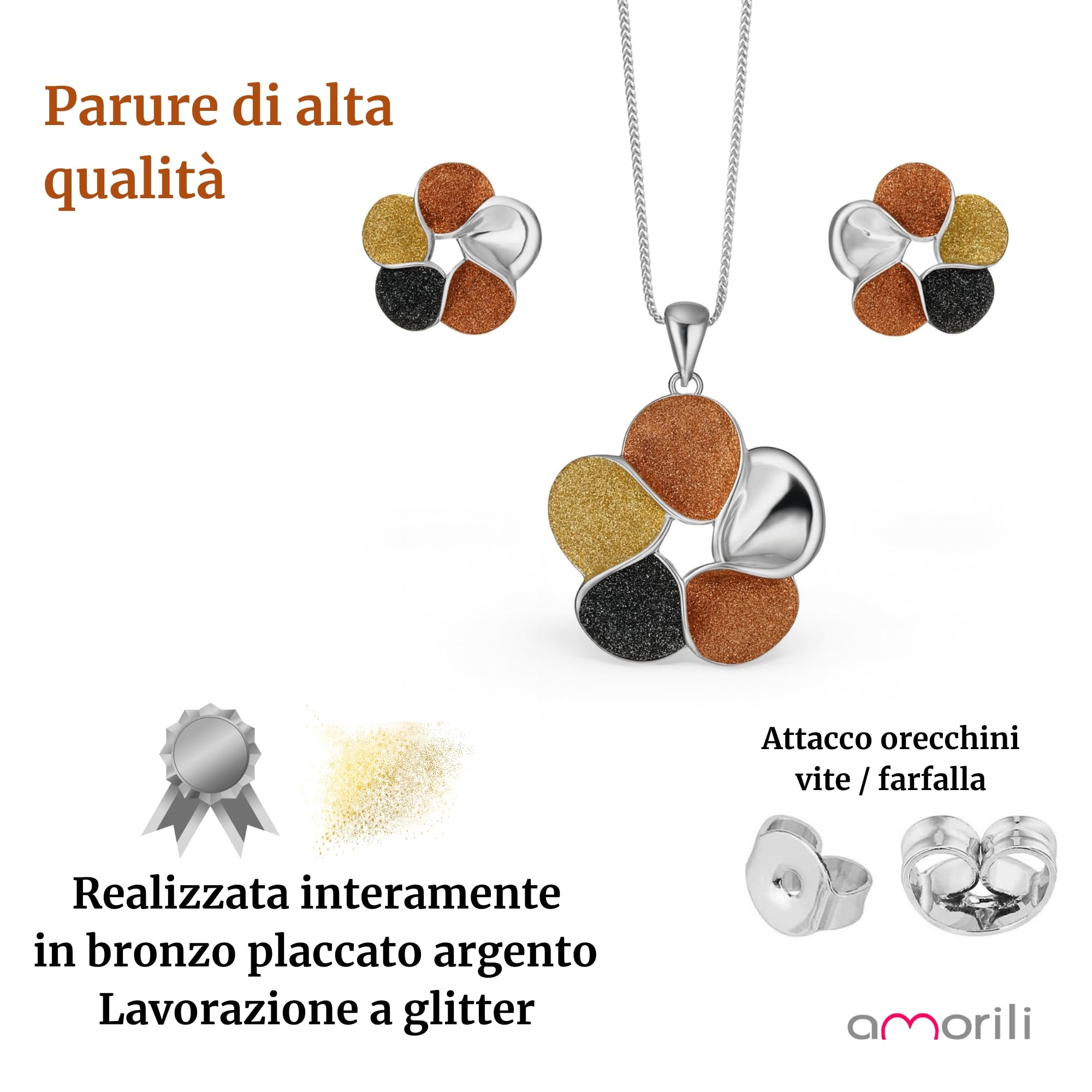 Parure Donna Collana e Orecchini in Bronzo Argentato| Gioielli Eleganti Motivo Fiori | Set Bijoux Regalo Festa Compleanno Matrimonio Cerimonia par0002b