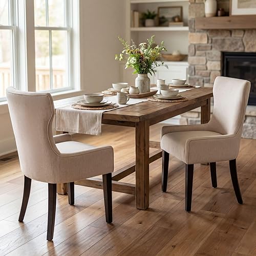 Miniatura 13 de Juego de 4 sillas de comedor de madera, sillas de comedor tapizadas con respaldo de ala y patas de madera de caucho, silla decorativa de madera