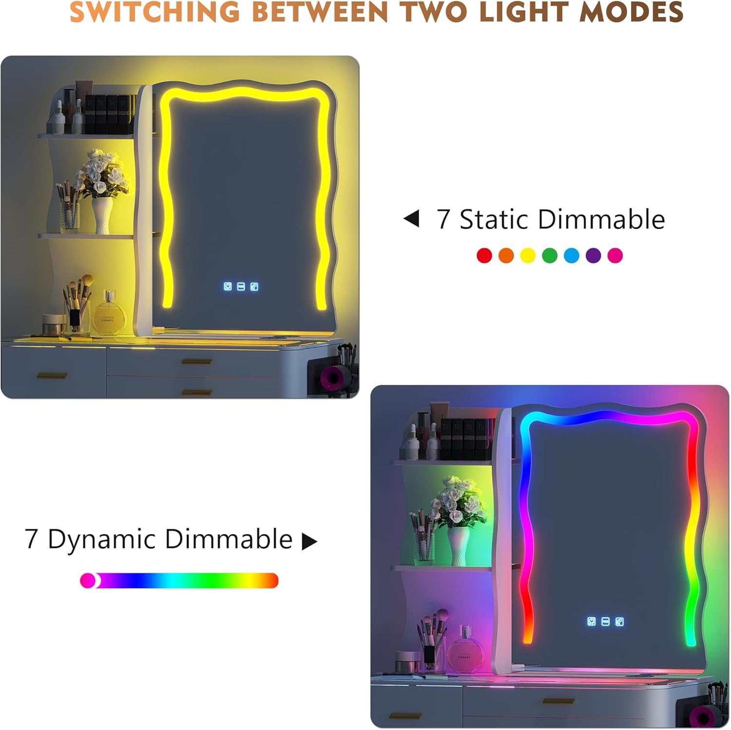 RGB Makeup Vanity Desk with Wireless Charging Station,7 Dynamic and 7 Static Dimmable Vanity Table with Visible Glass Top,Auto Sensor LED Make up Vanity with Mirror and Lights,Stool