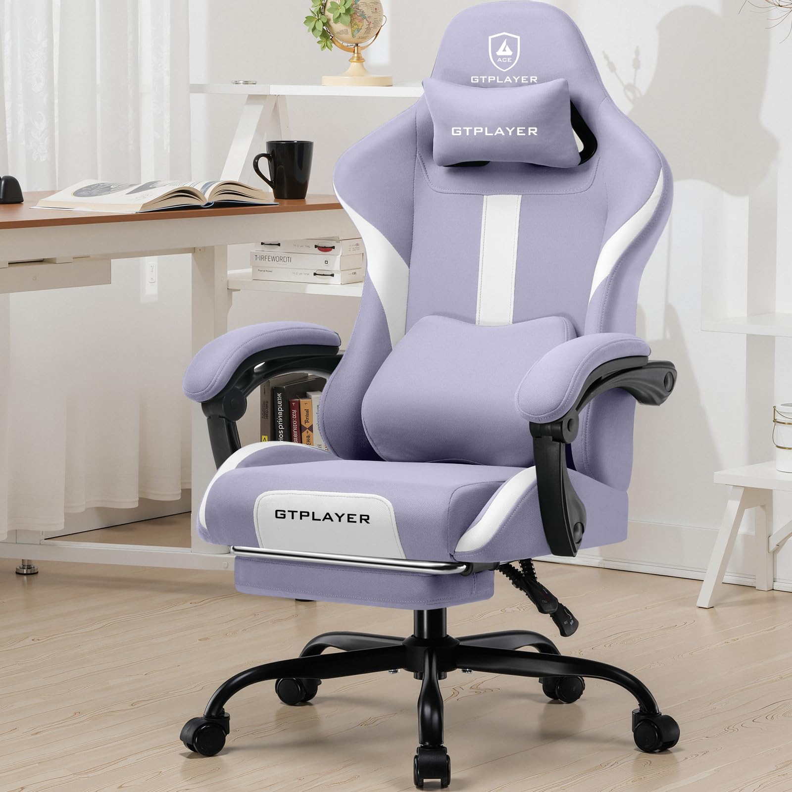 GTPLAYER Gaming Stuhl Bürostuhl Ergonomisch Gaming Sessel mit Kopfstütze und Cloud-Lendenkissen, Gepolstert Gaming Chair mit Fußstütze, Drehsessel,150kg Kapazität, Lila