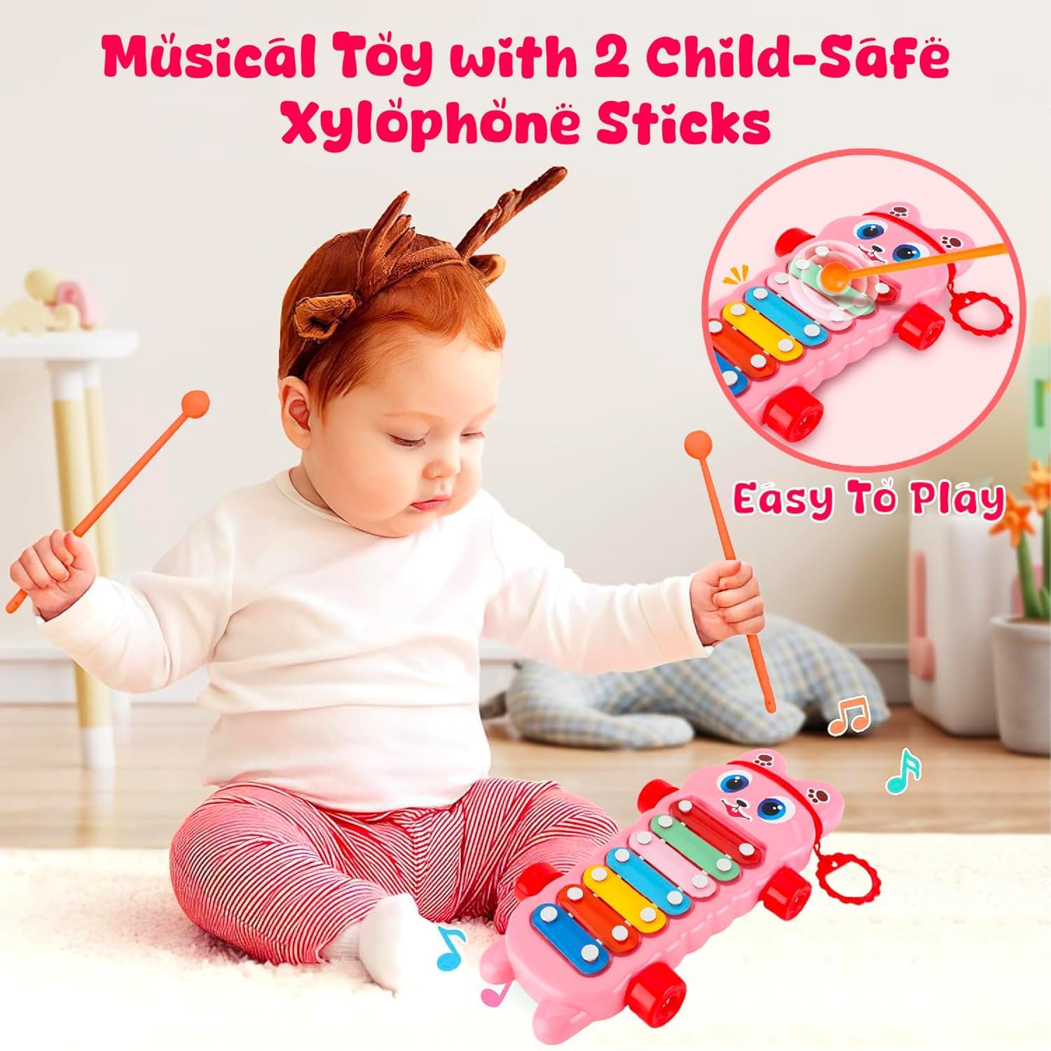 Mommers Xylophone Musical Educational Toy for Kid (1-3Year Old) I Toddlers Babies Kids Girls, Boys I 2-in-1 Piano Combined I Safe for Kids Drum Sticks for Fast and Fun Learning for Kid (Pink) 1