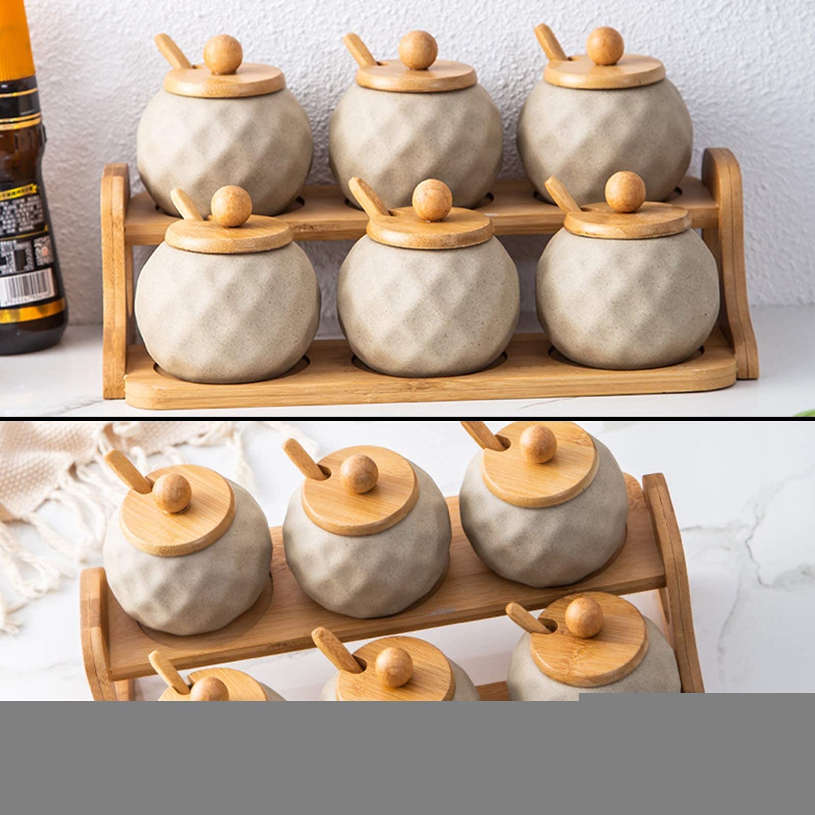 Zestaw 6 porcelanowych pojemników na przyprawy z drewnianym uchwytem, zestaw ceramicznych pudełek na przyprawy z pokrywkami i łyżkami do kreatywnych przyborów kuchennych i do użytku w restauracji.