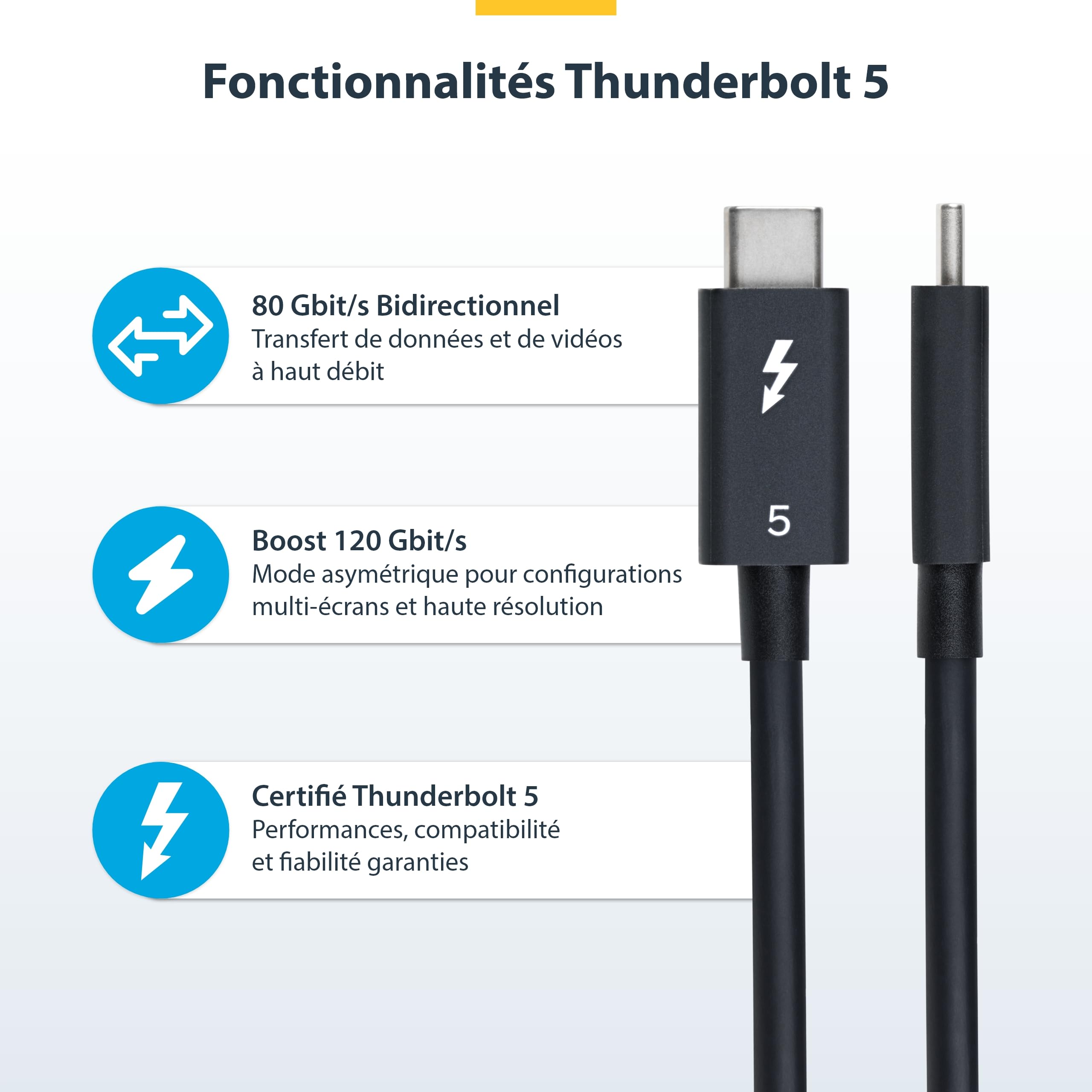 StarTech Câble Thunderbolt 5 50cm USB-C 80Gbps 240W PD 8K 60Hz Certifié | Jusqu'à 120Gbps, Compatible TB4/USB4/USB-C, DP 2.1 Alt Mode, PCIe 4.0, Double 4K 240Hz