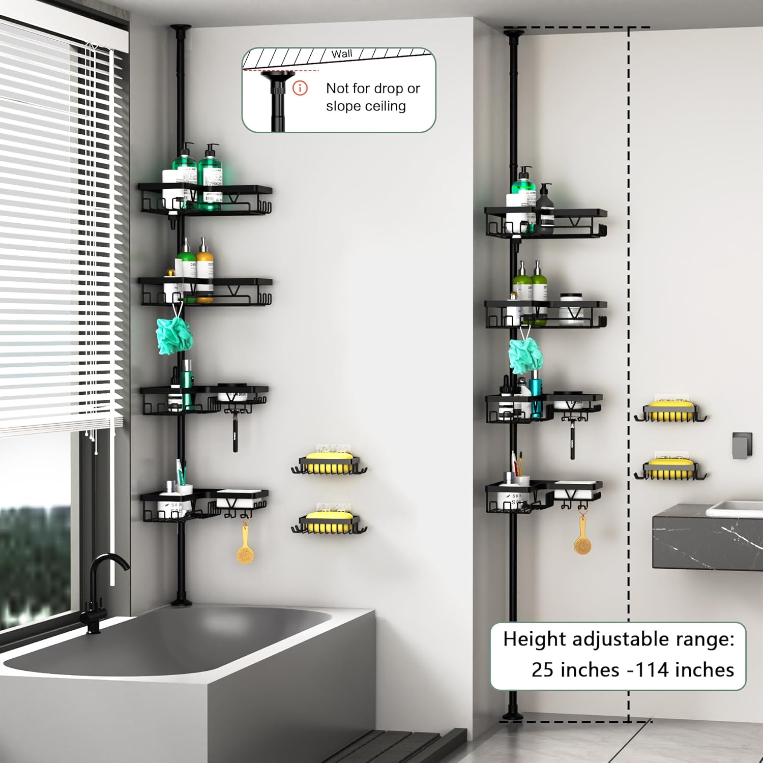 Tension Pole Shower Caddy Corner - 4 Tier Floor to Ceiling Bathroom Shower Organizer 25-112.4 inch Adjustable, Multiple Hooks, 2 Extra Soap Holders, Stable Base, Rustproof, Black