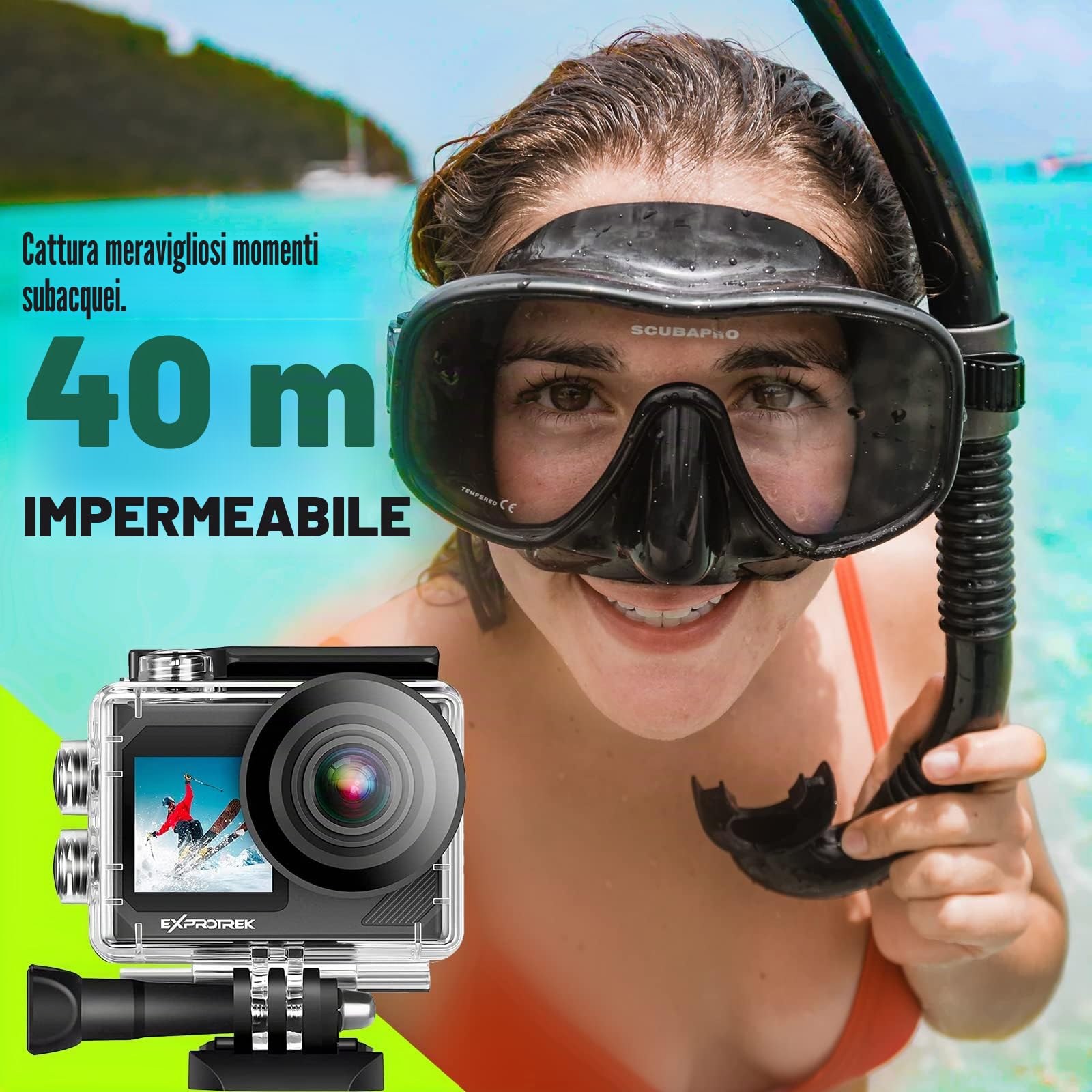 Action Cam, 20MP Action cam 4K con touch screen,angolo di visione regolabile, impermeabile fino a 40m sotto l'acqua.