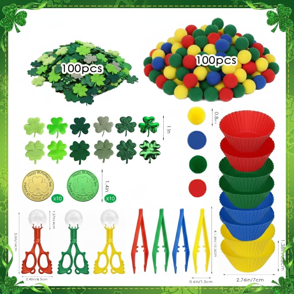 LXZNRQU 235 Pcs St. Patrick's Day Sensory Bin Kit - 8 Sorting Bowls, 7 Tools, 100 Shamrocks, 100 Poms, 20 Gold Coins - Fine Motor Skills, Color Sorting & Counting Activity for Classroom & Party