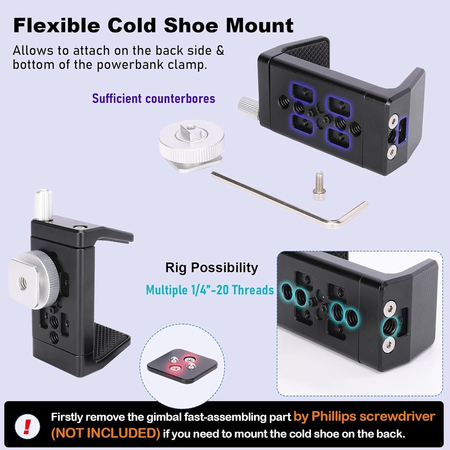 NICEYRIG Aluminium Power Bank Clamp für DJI RS 2/RS 3/RS 3 Pro,50mm - 88mm Wide Range Universal Portable Charger Holder mit abnehmbarem Cold Shoe Mount für DSLR Kamera,Gimbal System