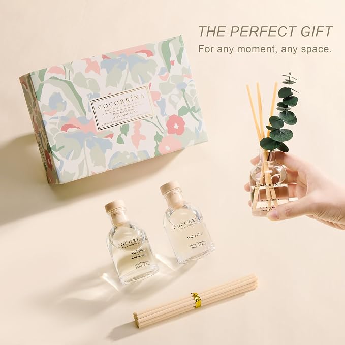 Eucalyptus Reed Diffuser Set of 3 - Wild Mint & Eucalyptus, White Pine, Cashmere Vanilla Scents, 1.7 fl oz Each, Total 5.1 oz, Scented Oil Diffusers for Home & Office miniatura 5