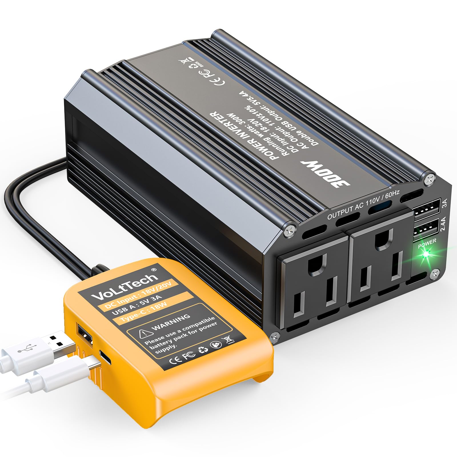 300W Power Inverter 20V to 110V for Dewalt Battery: VoLtTech Battery Inverter DC Charger Adapter with 2 AC Outlet & 2 USB Ports for Car, Vehicles, Laptop, Computer, Phone, String Light, Fan