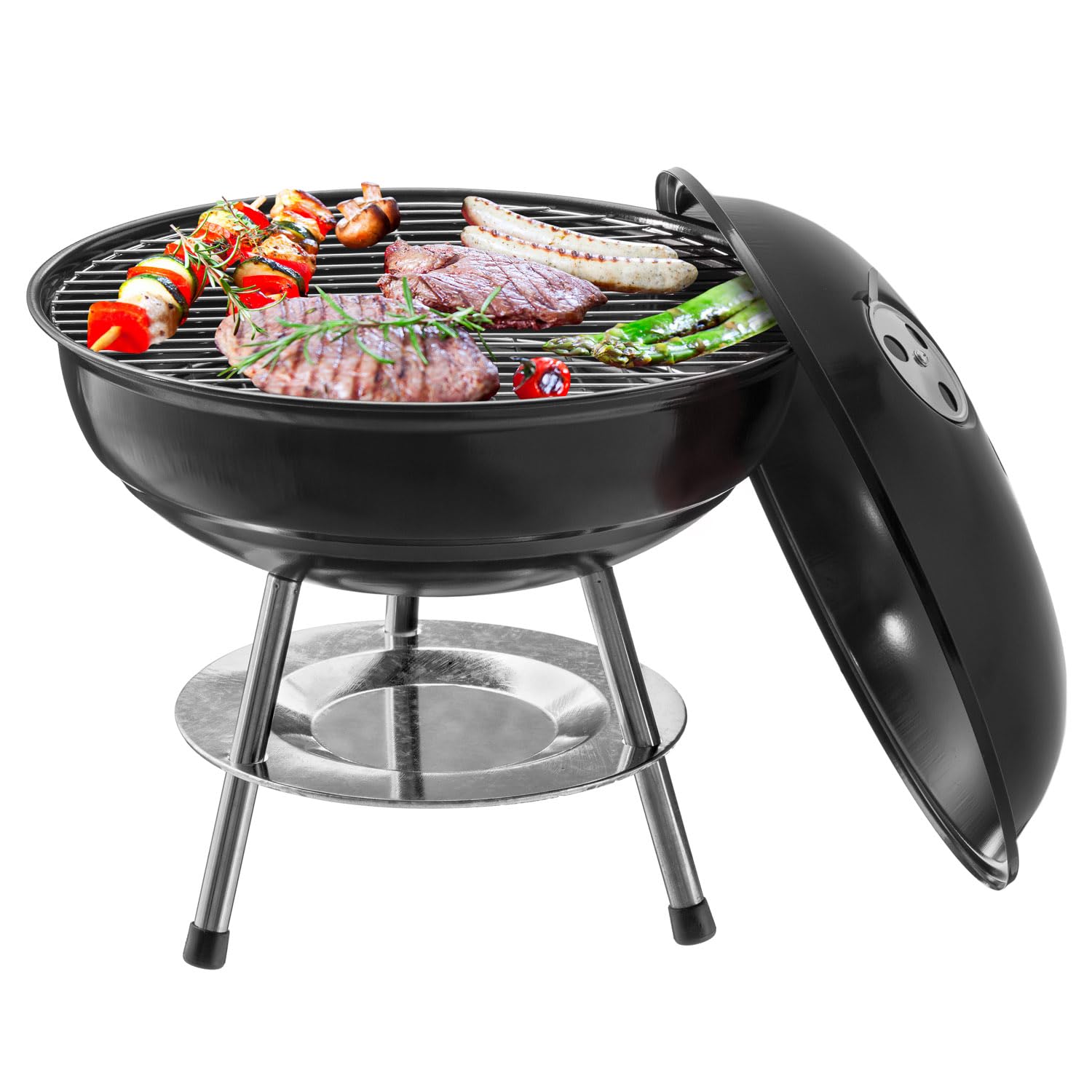 Micro BBQ Campinggrill Kugelgrill Mini Grill; Kompakter Reise Holzkohle-Grill Tischgrill Edelstahl emailliert 38cm (Schwarz)