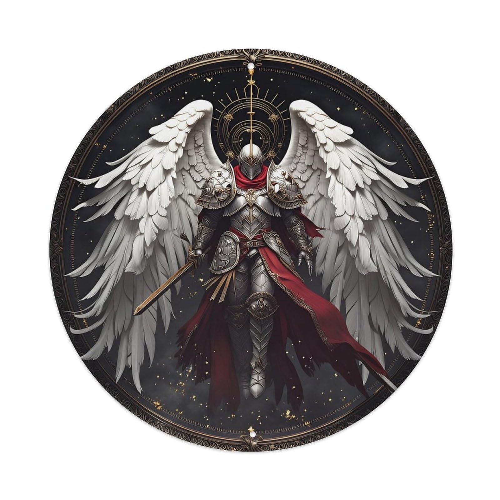 Armored Angel With White Wings Vintage Metal Tin Sign Retro Wall Decor for Home Bar Garage Cafe, Indoor & Outdoor Decorative，circle Metal Poster, 8x8 Inch