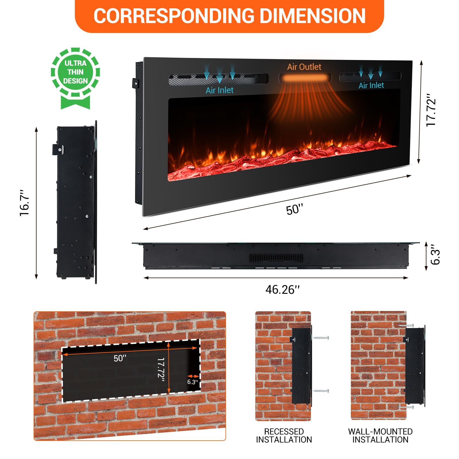 Takywep Electric Fireplace Insert, 50 Inch Wall-Mounted or Recessed with Timer, 5120 BTU Heat, 12 Flame Colors