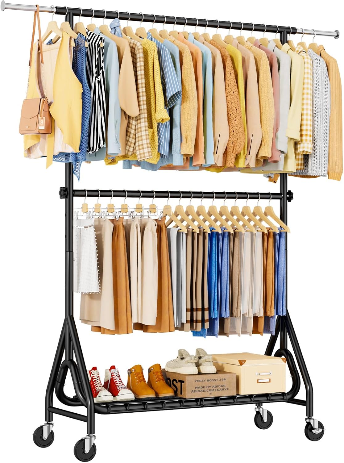 Heavy Duty Clothes Rack for Hanging Clothes, Double Rods Clothing Rack with Lockable Wheels, Rolling Garment Racks with Shelf, Easy to Assemble, Black Black Doule Rods