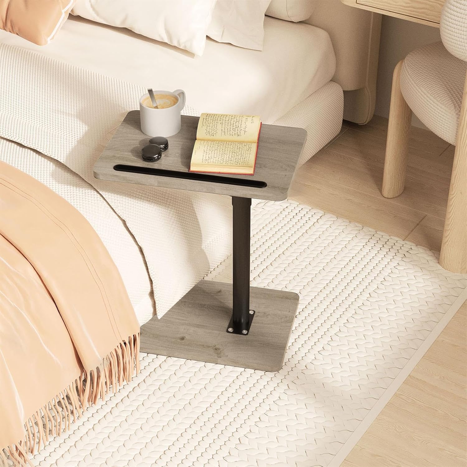 YUHFERA Couch Side Table - 360°Swivel Height Adjustable End Table,Sofa Armrest Tray Table,Snack Side Table for Bed or Chair with Phone & Tablet Slot,Gray Standard - Image 5