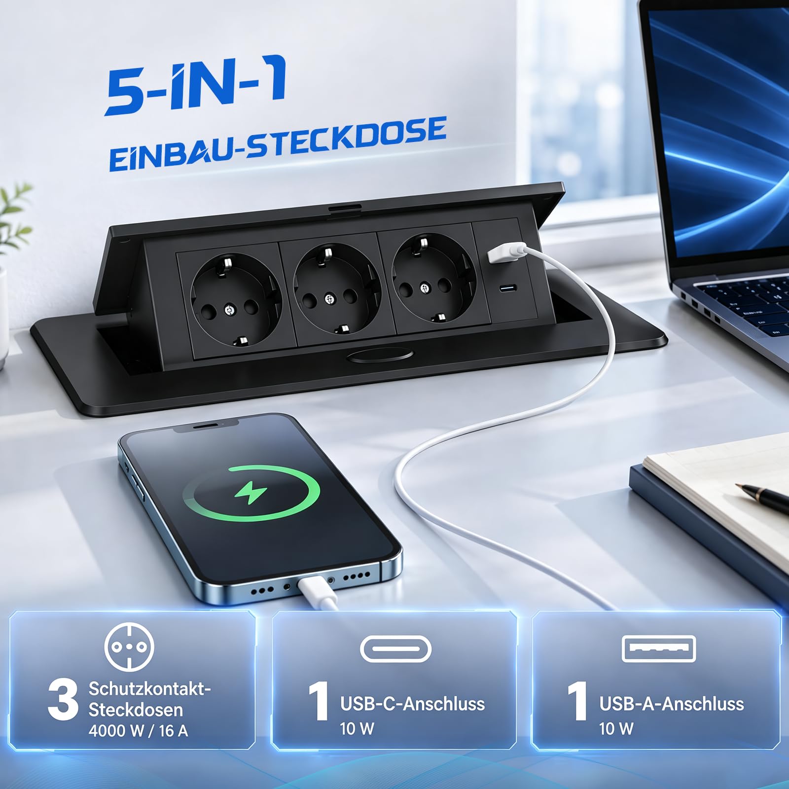 Versenkbare Steckdose, Steckdosenleiste Versenkbar mit 3 Steckplätzen, USB-C & USB-A Ports Aluminium Einbausteckdose Tischsteckdose Mehrfachsteckdose mit 1.8M Kabel für Küche Büro