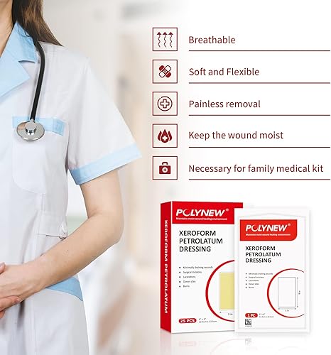 Miniatura 9 de Xeroform Apósito de Petrolato 5"x9", 25 PCS Gasa No Adherente para Heridas de Baja Exudación, Almohadillas de Gasa de Malla Fina para Quemaduras,