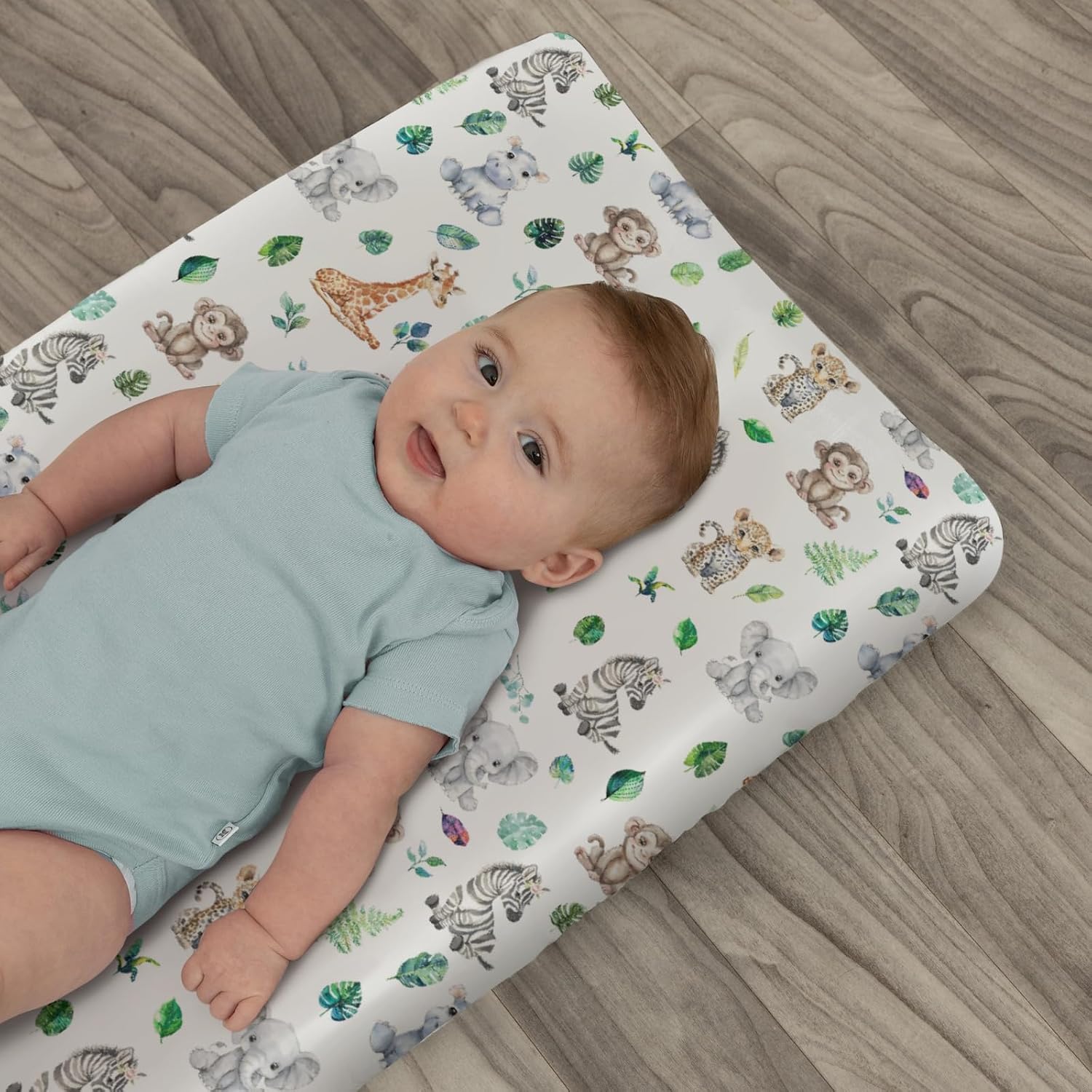 Tropical Safari Green Leaves Baby Changing Pad Covers for Boys Girls Elephant Leopard Giraffe Hippo Fitted Change Table Covers Mats Jungle Animals Soft Diaper Change Table Sheets 32''×16''