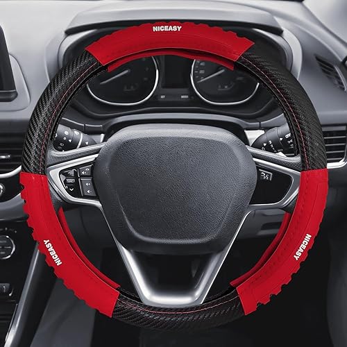 Funda de volante de fibra de carbono negra de estilo deportivo con accesorio para volante de agarre de tira roja, ajuste universal para volante de