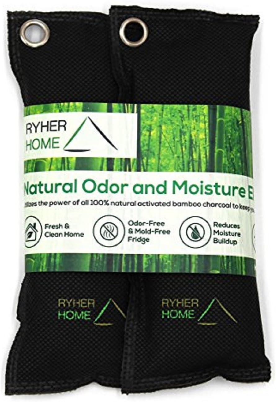 Ryher 2X Natural Bamboo Charcoal Shoe Deodorizer – Prevents Mold and Bacteria - Air Purifying Bags - Absorb and Eliminate Odor and Moisture for Shoes, Boots, Sneakers (Pack of 2) (Nonwoven) (Black)