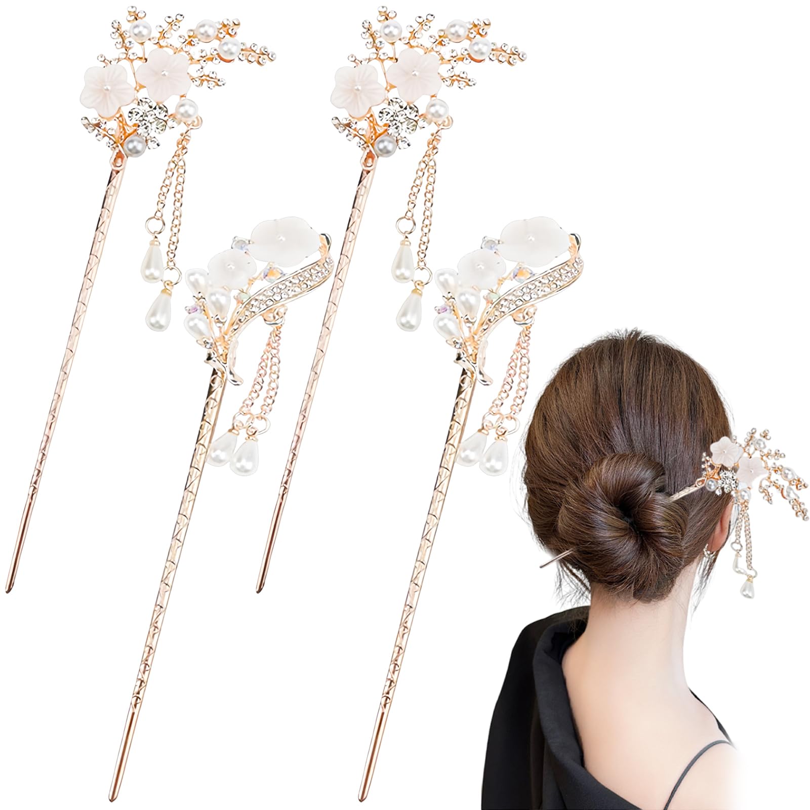 Muiltvoe 4 PCS Hair Sticks with Tassel Long Hairpins Chinese Hair Chopsticks Vintage Pearl Flower Hairpin Alloy Pins with Tassel Accessories Hair Pins Forks Chopstick Headpieces for Women and Girl