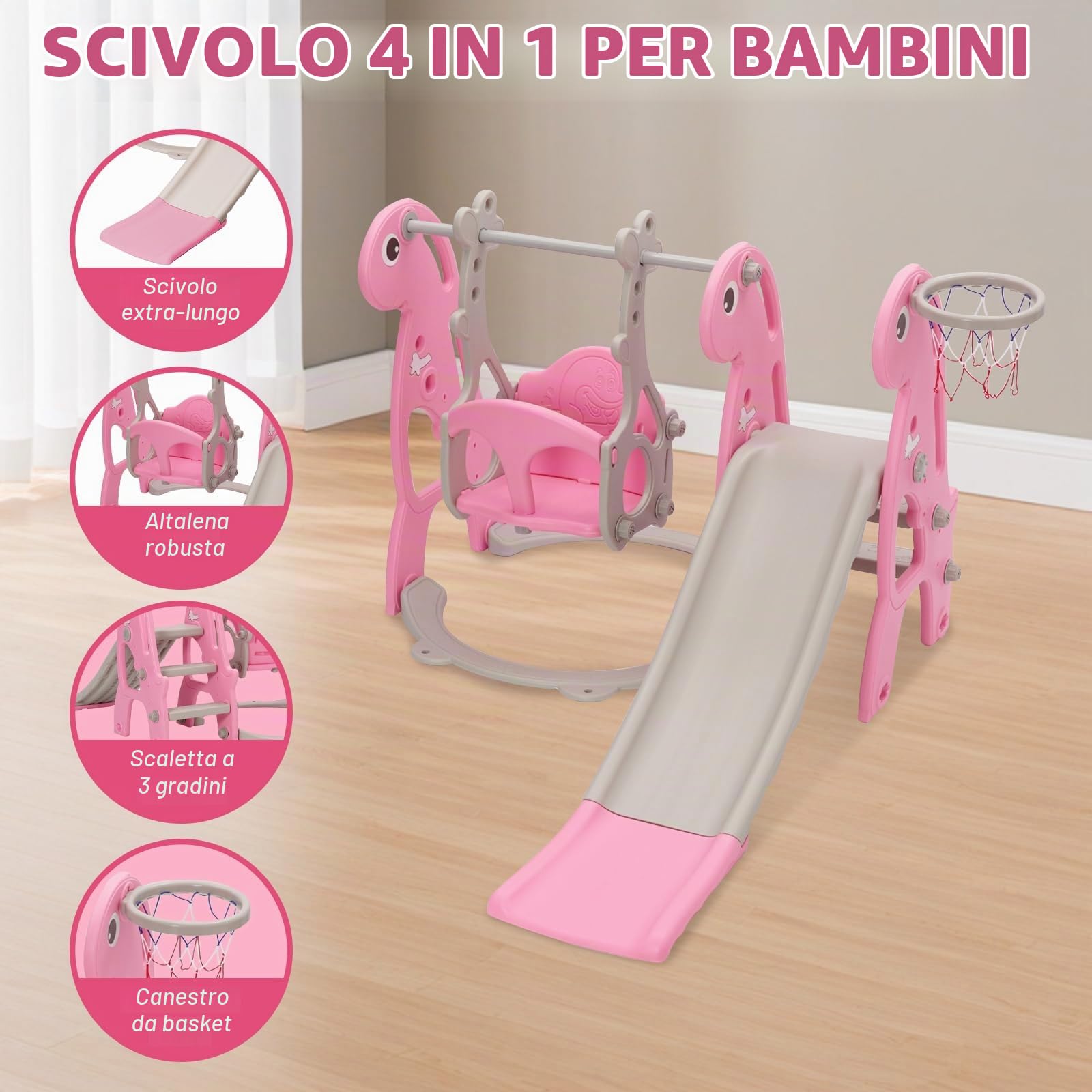 Set di scivolo e altalena per bambini con pallacanestro | Scivolo da interni per bambini, set da gioco autoportante e altalena regolabile in altezza (rosa)