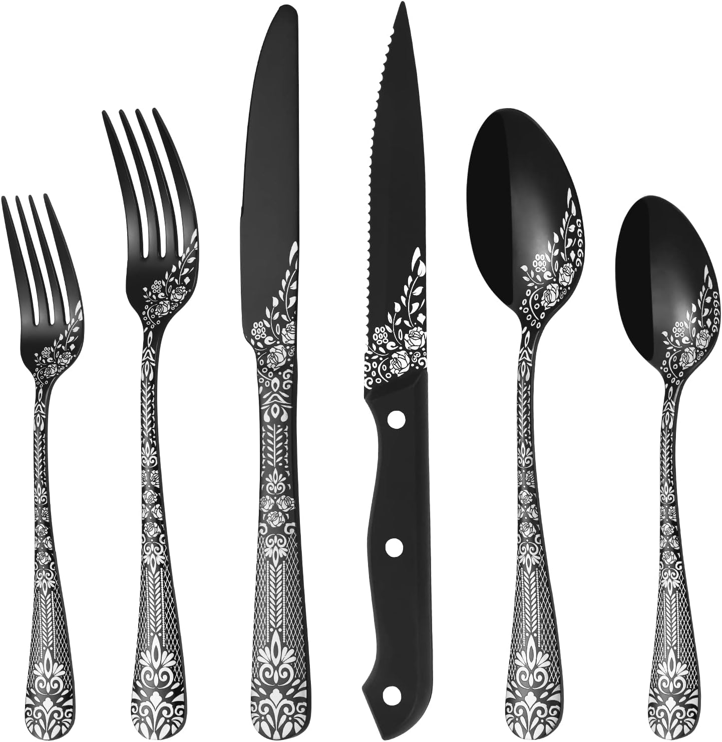 EUIRIO 24Piece Black Silverware Set with Steak Knives, Black Flatware