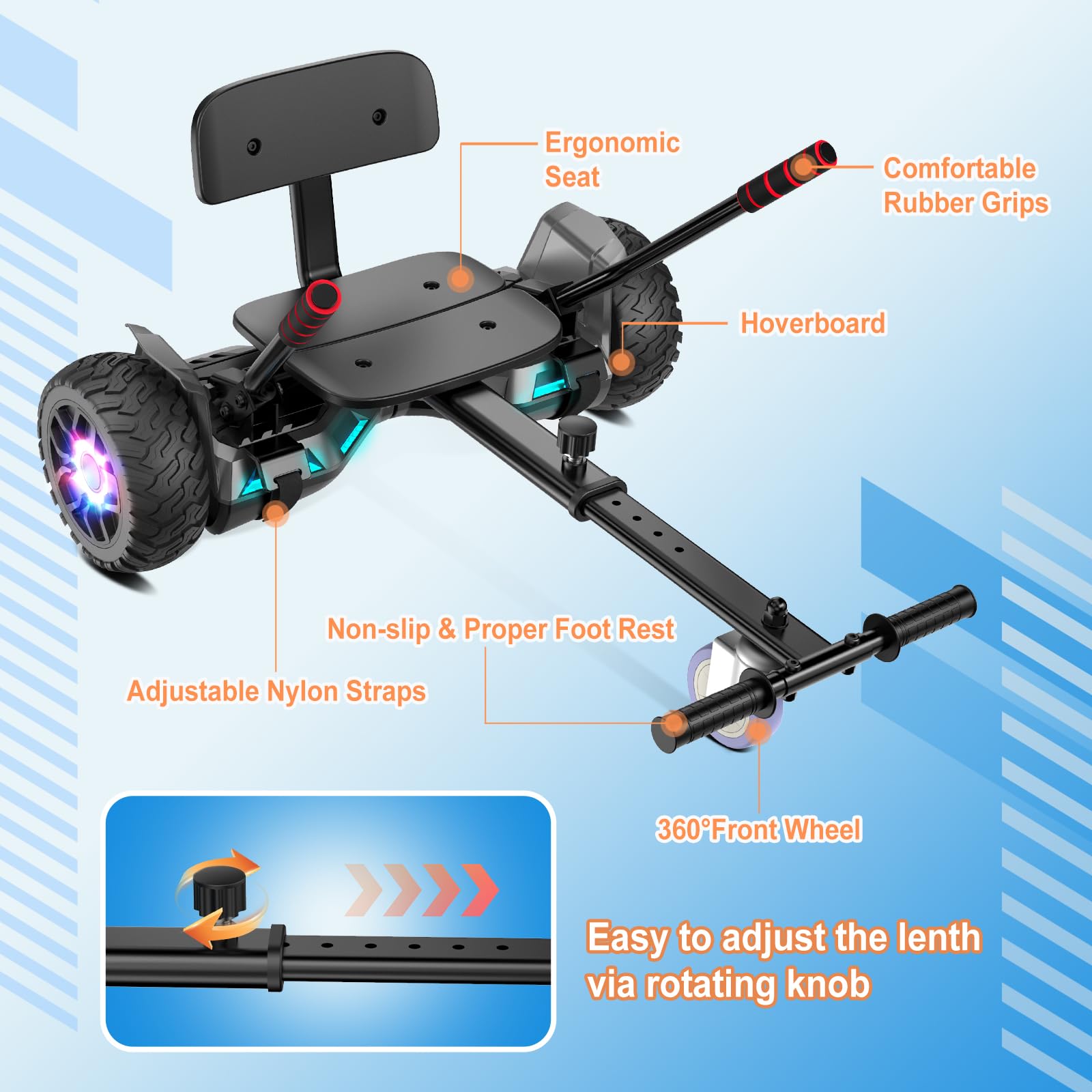 Scooter Con Asiento, 8.5" Hoverboard Go Kart Combo Con Luces LED De Colores Y Bluetooth, Para Niños Niños Niñas Adultos Todas Las Edades