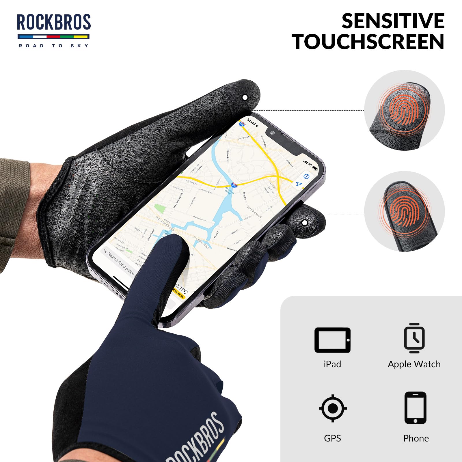 ROCKBROS Road-to-Sky Gants de Vélo Homme Femme Plein Doigt Écran Tactile Printemps Été Automne Respirant Antidérapant SBR Coussin Essuyer Sueur Vélo Course Vélo Route Fitness Noir Bleu Blanc Vert M-XL