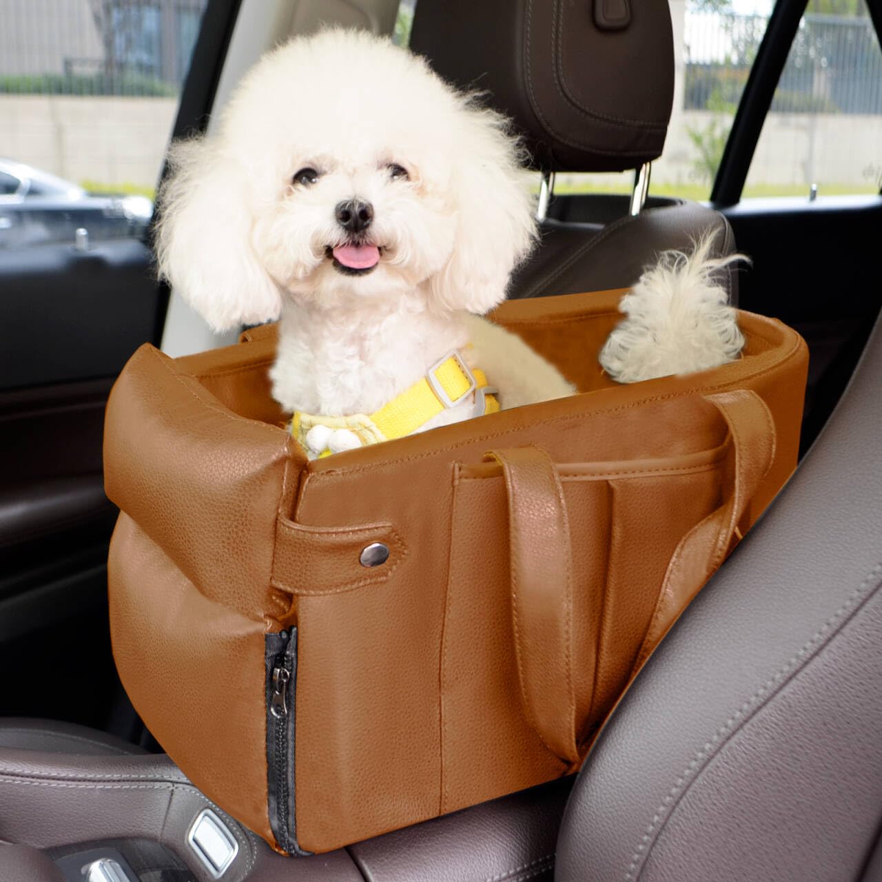 Portable Small Dog Seat for Car, Luxury Leather Center Console Dog Car Seat Booster with Safety Tethers, Anti-Collapse Pet Travel Carseat for SUV, Truck