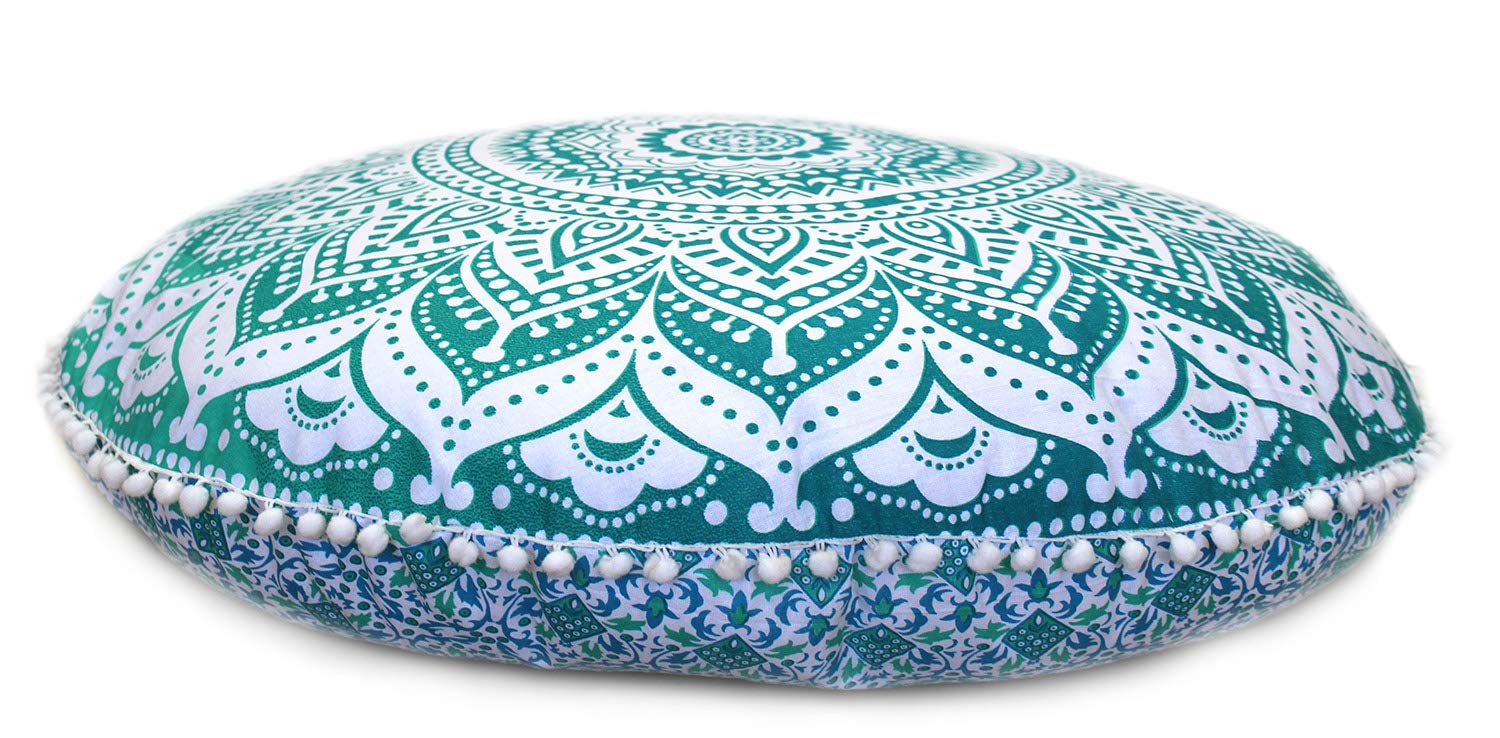 CRAFT KALA32 Inch Meditation Floor Pillow Cover Round Pillow Seating Hippie Decorative Adults Bohemian Mandala Cushion Cover Outdoor Living Room Throw Ottoman Poufs Cover (Green Ombre)