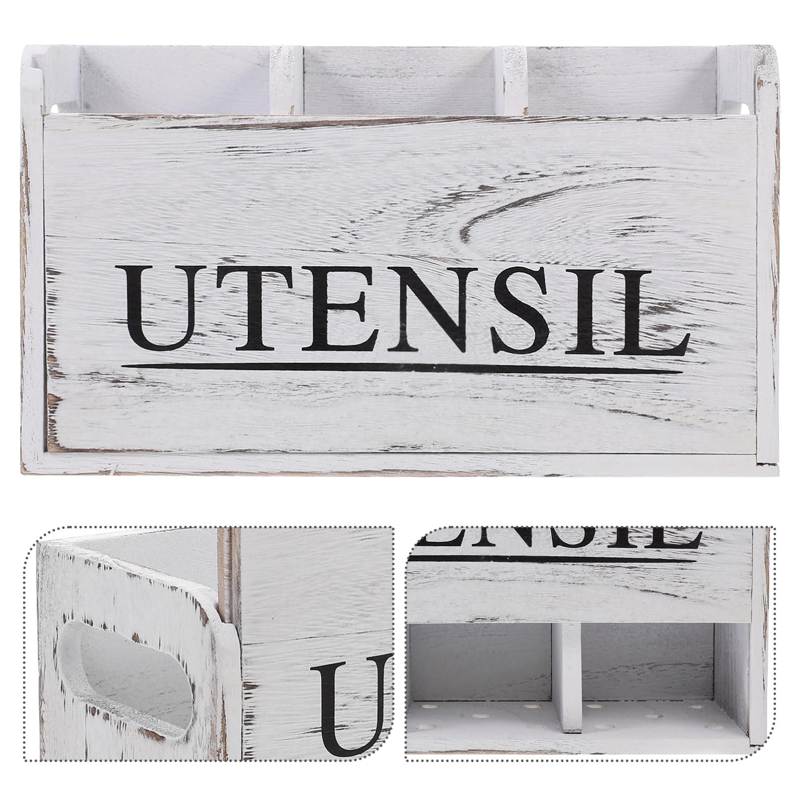 Healifty Porta Cubiertos Grande de Madera con Compartimentos Blanco Rústico | Organizador de Cubiertos para Mesa, Uso en Estudio y Escritorio, Diseño Multifuncional de Estilo Elegante