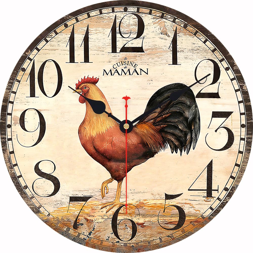 Ensound 12 Inch Vintage Wall Clock Accurate Movement Silent Non-Ticking Round Clocks Battery Operated Arabic Numerals Wooden Clock（Color Rooster）