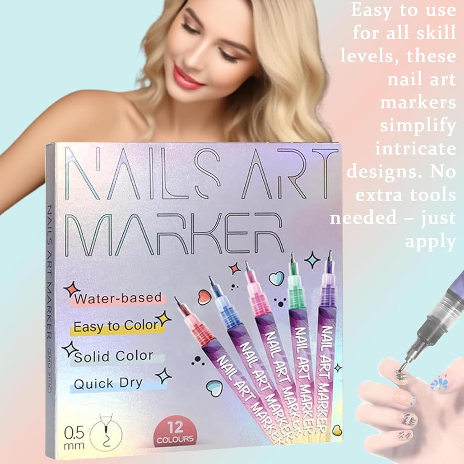 12 Colors Nail Art Pens Set, Nail Polish Pens Quick Dry, DIY Nails Art Drawing Painting Tools, Multicolor Gel Nail Painting Kit for Manicure Decoration