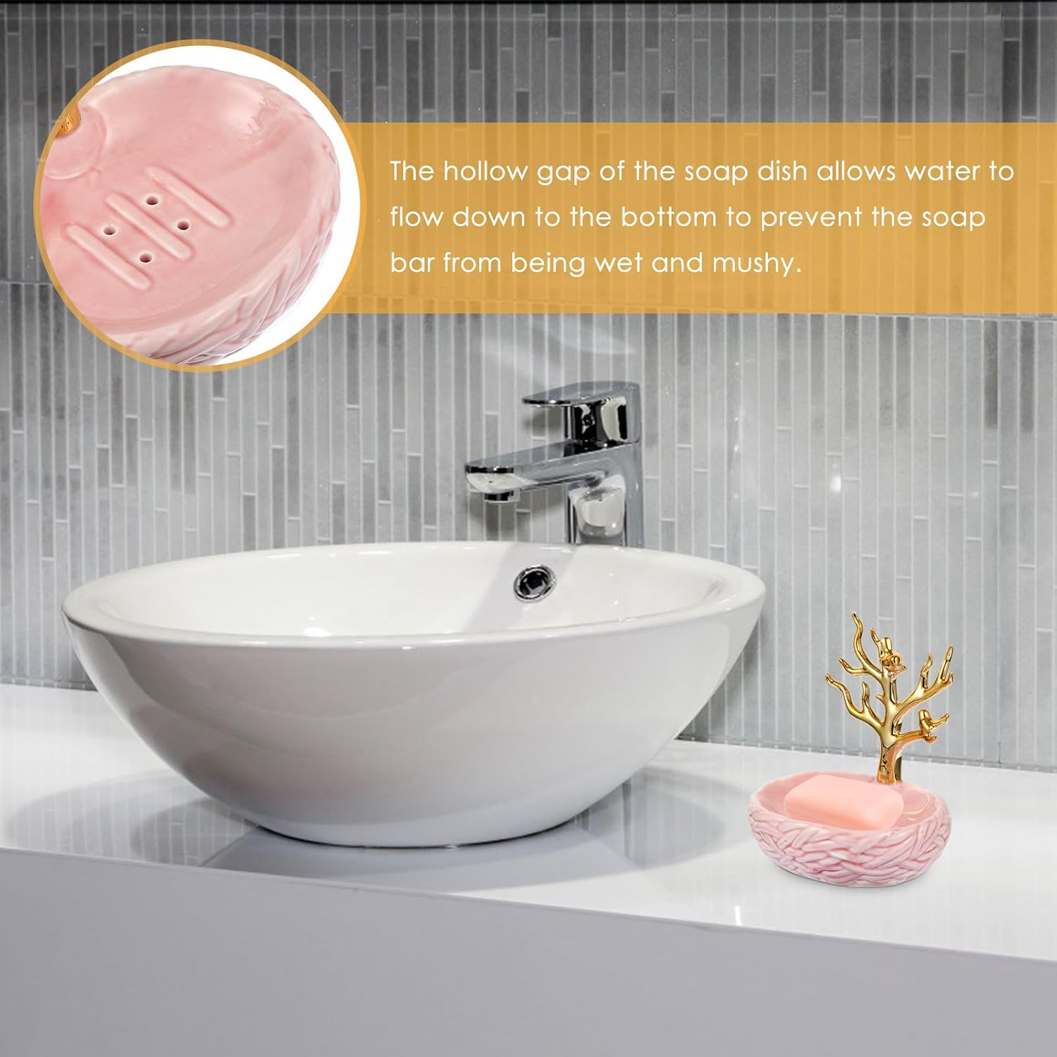 Ceramic Soap Dish with Drain Tray Bathroom Soap Holder Organizer Pink Porcelain for Home and Sink Use