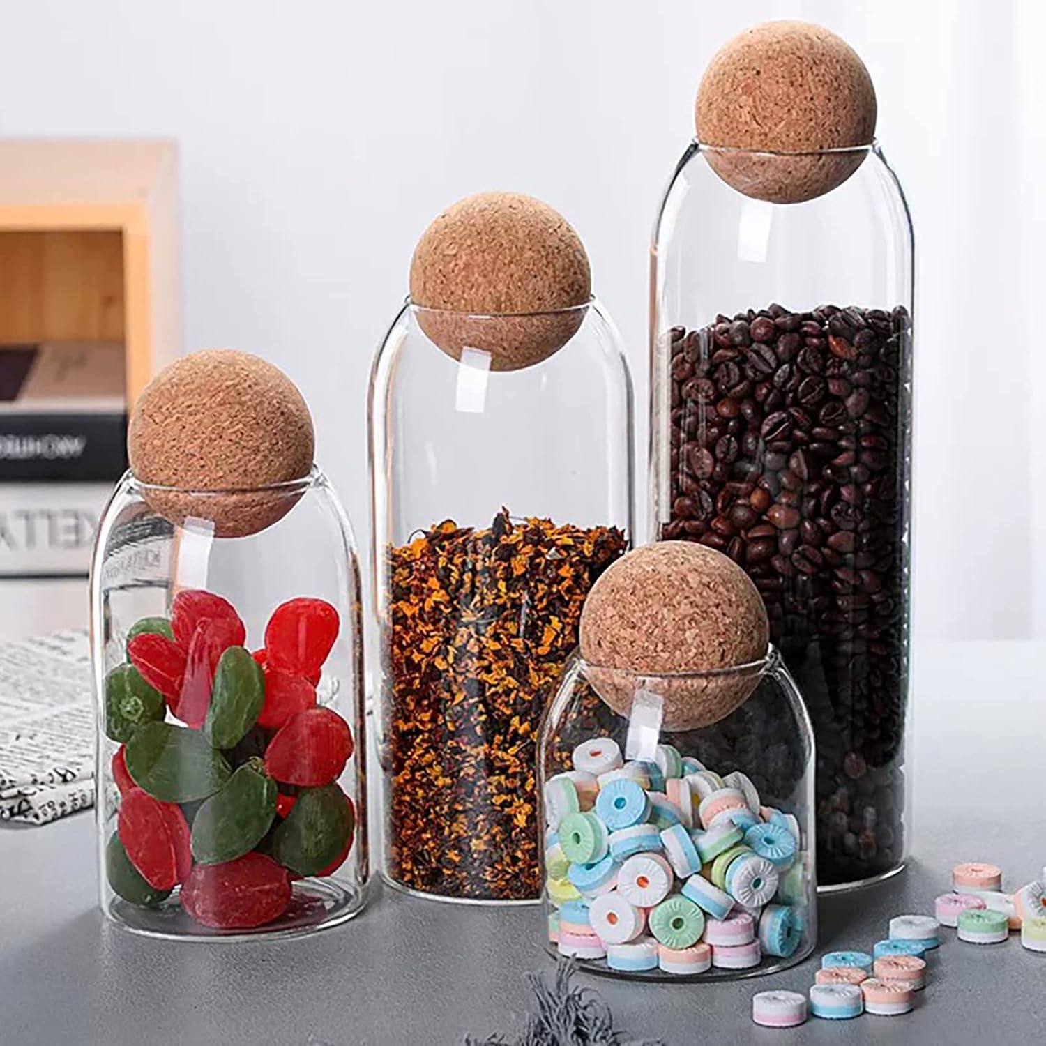 3Pack Glass Storage Jars with Cork Lid Ball, Cute Decorative Organizer Bottle Canister Jar, Clear Candy Jars Canister Sugar Coffee Tea Beans Spice Salt Storage