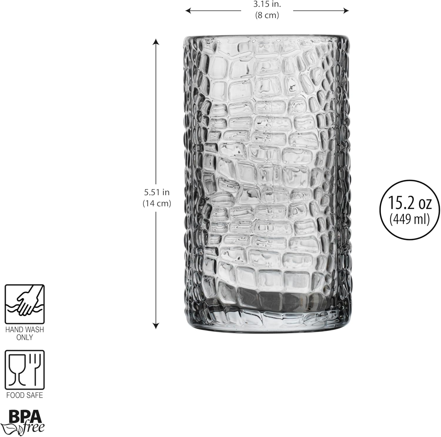 Glaver's Highball Glasses Set of 4 Smoke Drinking Glasses, 15 Ounce Crackle Textured Newly Designed Patent Glassware Heavy Bar Home Party Decor Black Kitchen Glasses, Water Juice Cocktails - Image 5