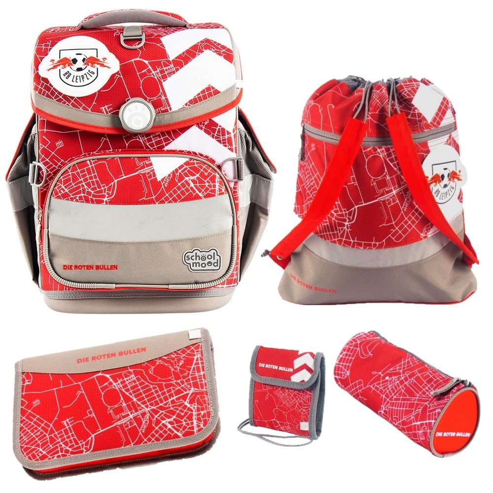 Familando - School Mood Timeless Air+ Schulranzen Set 6-teilig mit Federmappe - Sonder-Edition RB Leipzig - 980g leicht mit 23L Volumen - mit höhenverstellbarem System & Reflektoren - Ab 1. Klasse