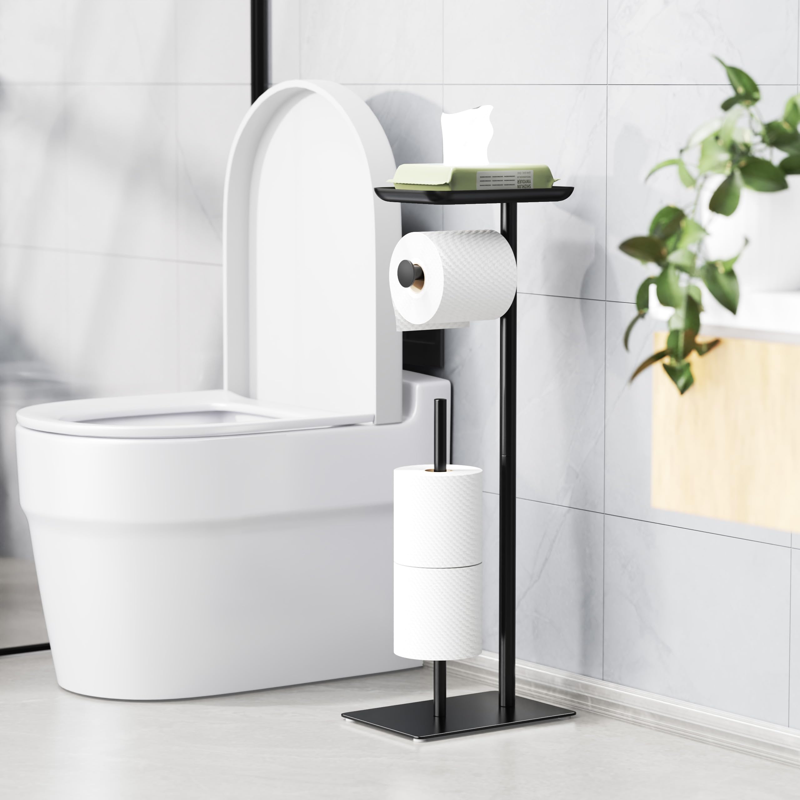 Soporte de papel higiénico con estante de almacenamiento superior, dispensador de rollos de papel higiénico para baño, capacidad para 4 rollos de reserva 7