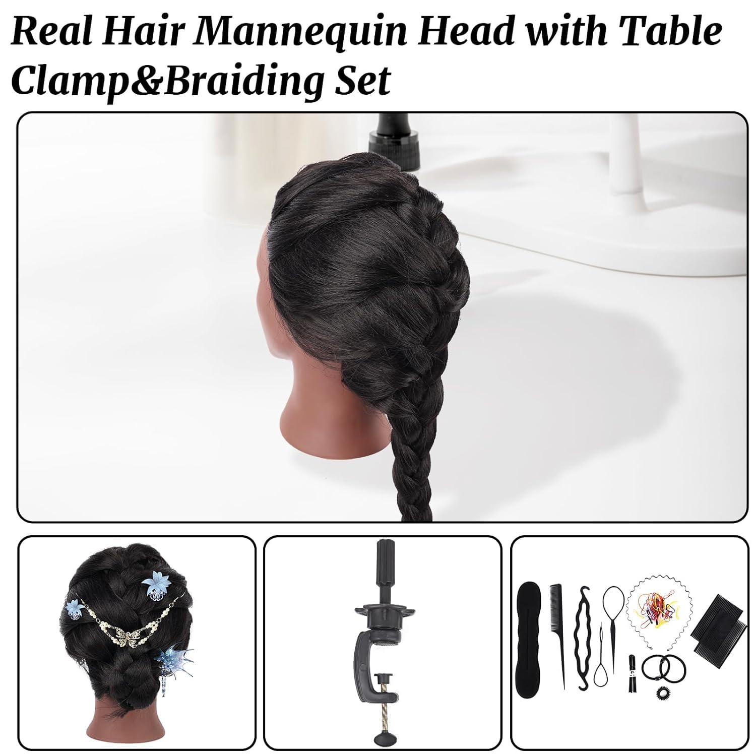 Friseur Übungskopf 100% Echthaar, 66 cm / 26 Zoll Mannequin Kopf mit Haaren, Friseurkopf Trainingskopf mit Klemme & Zubehör, Frisierpuppe für Schneiden, Flechten, Styling (Schwarz)