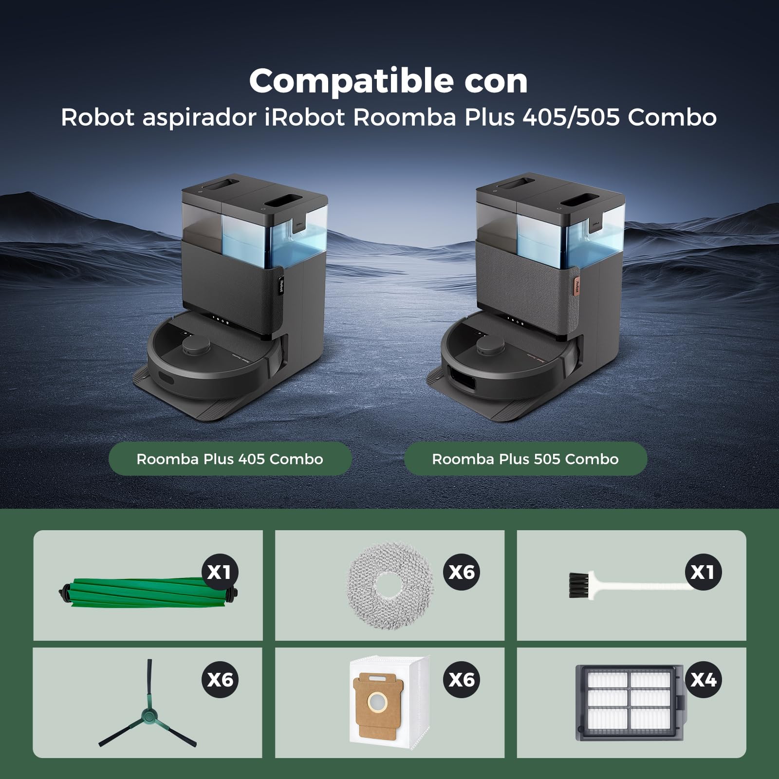 Para iRobot Roomba Plus 405 Combo / 505 Combo / 507 Combo, Serie 400/500, Yivy Kit de 24 Accesorios: 1 Cepillo Principal, 6 Laterales, 4 Filtros, 6 Mopas, 6 Bolsas