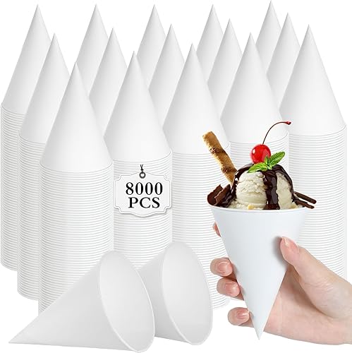 8000 vasos de papel con cono de nieve, desechables, a prueba de fugas, vasos de papel para helado con borde enrollado blanco, taza para beber para