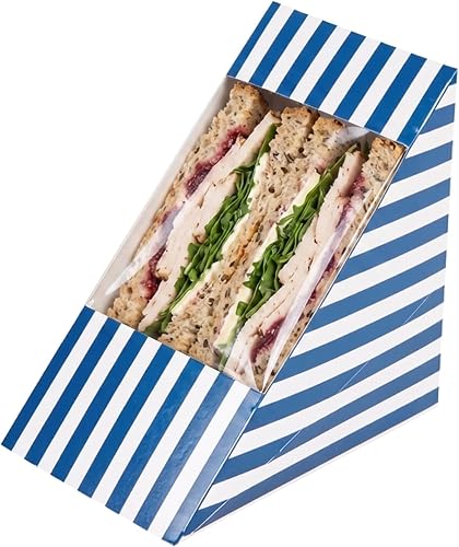 Restaurantware-Cafe Vision 4.8 x 3.2 Inch Sandwich Paper Boxes, 200 Large Sandwich Wedge Boxes - With Window, Disposable, Blue And White Paper Triangle Sandwich Containers, Striped, Grease-Impervious
