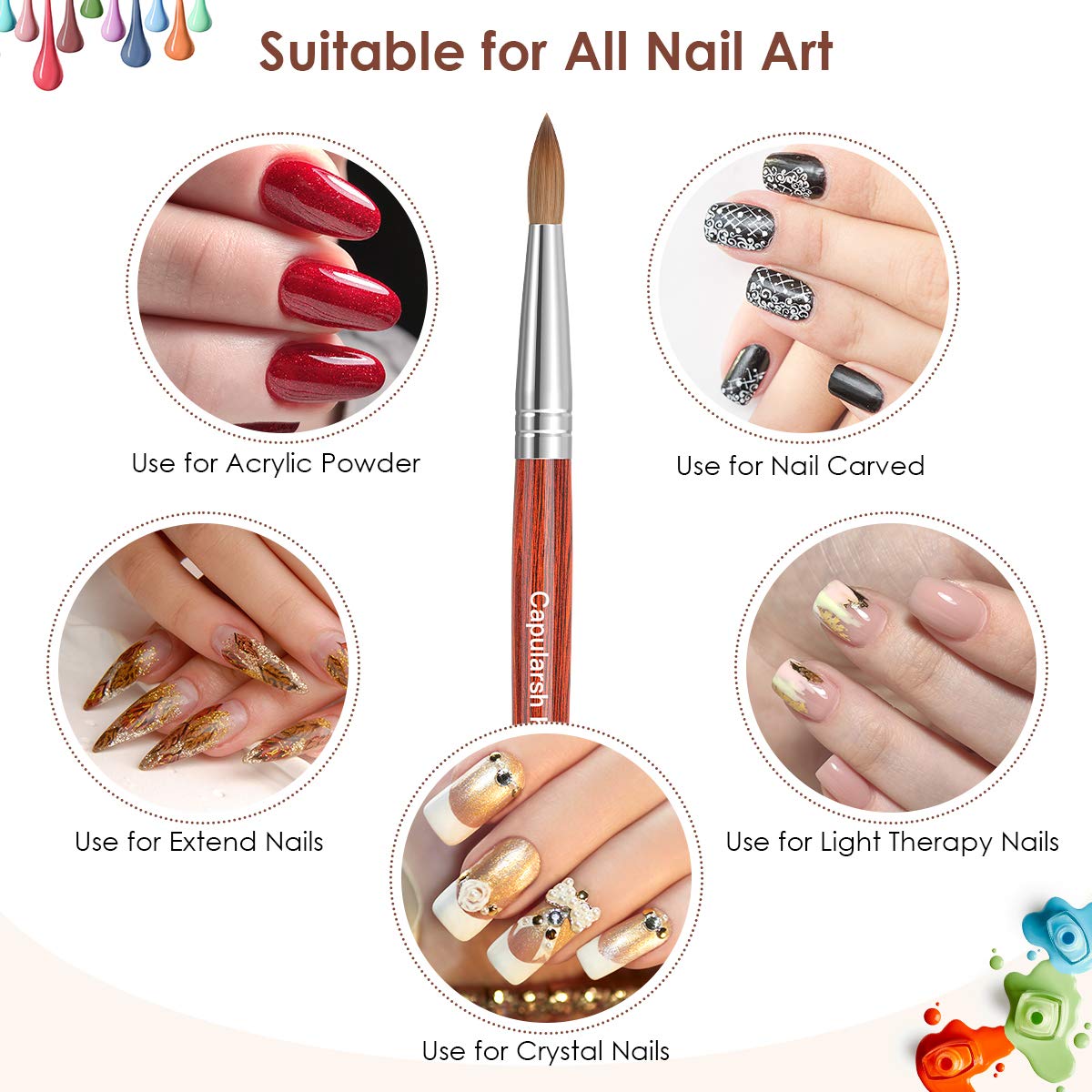 Capularsh 100% Pure Kolinsky Acrylic Nail Brushes for Acrylic Application #14 (Size 2, 4, 6, 8, 10, 12, 14), Professional Acrylic Nail Art Brush Round for Acrylic Powder