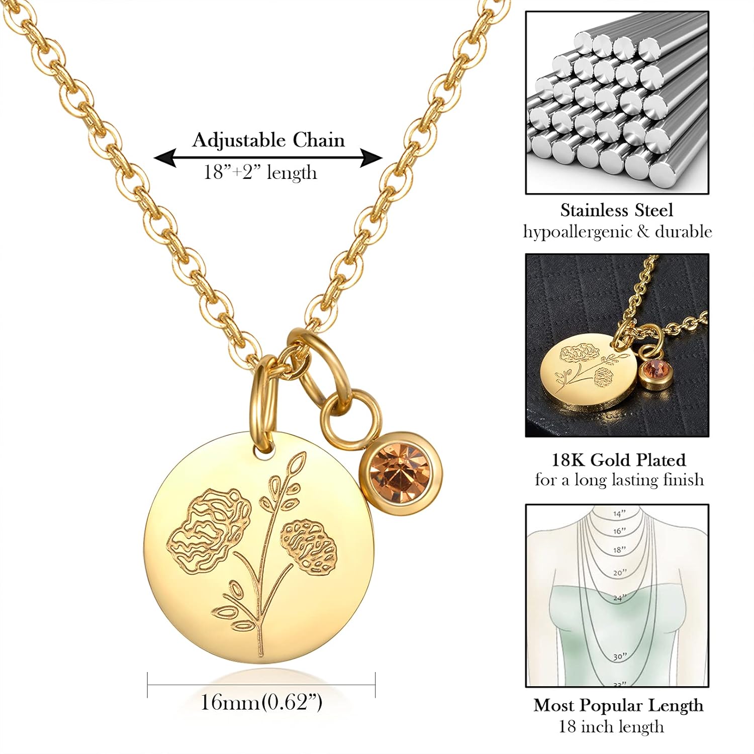 CERSLIMO Birthday Gifts for Her Birth Flower Necklaces, 18K Gold Plated Dainty Birth Month Floral Birthstone Disc Coin Pendant Necklaces | Women Wildflower Jewelry Gifts for Valentines Anniversary - Image 2