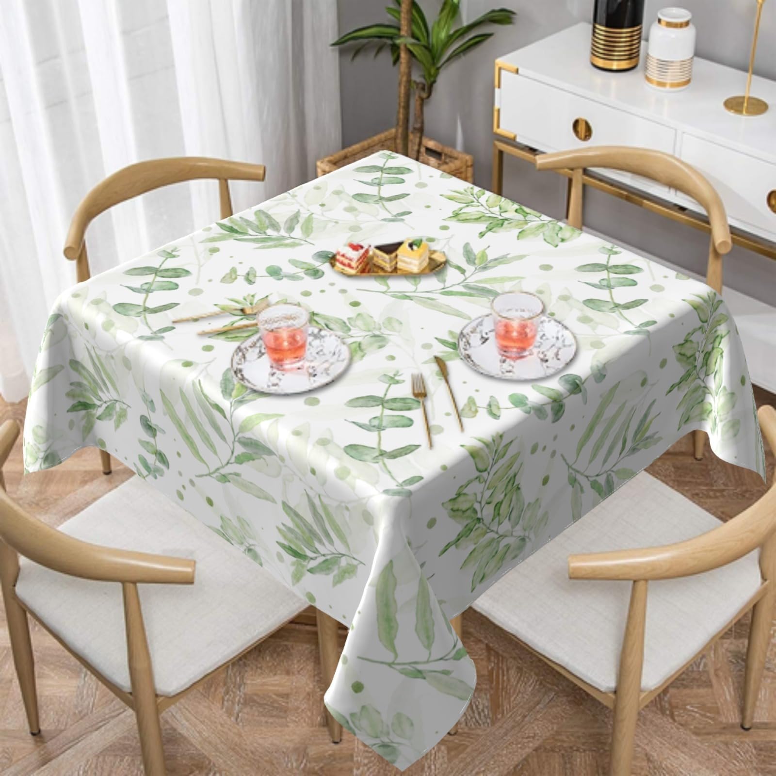 FJQWKLF Spring Tablecloth 54×54 Inch Square Eucalyptus Leaf Table Cloth Water-Resistant Spill-Proof Washable Fabric Tablecover for Kitchen Dining Party Picnic Indoor Outdoor